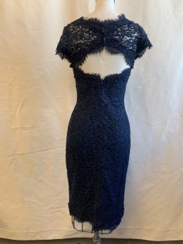 Womens, Cocktail Dress, MONIQUE LHUILLIER, Navy Blue, Cotton, Rayon, Solid, 2, Navy Floral Lace, Eyelash Lace Edges, Scoop Neck, Cap Sleeves, Knee Length, Zip Back, Sweetheart Neck Lining, Bra Attached Interior, Keyhole Back