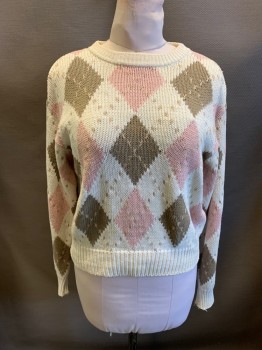 Womens, Sweater, LIZ SPORT, Off White, Baby Pink, Dusty Brown, Ramie, Cotton, Argyle, M, Long Sleeves, Crew Neck, Rib Knit Collar Cuffs and Waistband,