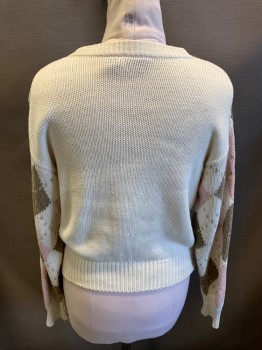 LIZ SPORT, Off White, Baby Pink, Dusty Brown, Ramie, Cotton, Argyle, Long Sleeves, Crew Neck, Rib Knit Collar Cuffs and Waistband,