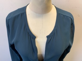 Womens, Top, ANN TAYLOR, Teal Blue, Polyester, Rayon, Solid, S, Long Sleeves, V-neck, Keyhole Back, Poly Woven Front, Rayon Knit Back