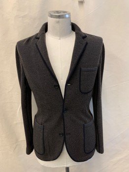 ENGINEREED BY MOTION, Brown, Blue-Gray, Wool, Nylon, Solid, Textured Fabric, Long Sleeves, Button Front, 3 Black Plastic Buttons, 3 Patch Pockets, Notch Lapel, Black Trim