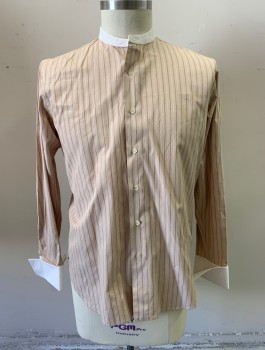 Mens, Shirt 1890s-1910s, ANTO MTO, Lt Brown, White, Brown, Cotton, Stripes - Pin, S:34-5, N:16, Long Sleeves, Button Front, Solid White Band Collar and French Cuffs, Shirt Stud Required for Top Button (Not Included), Made To Order