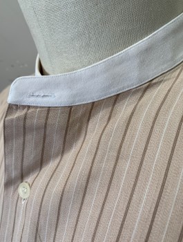 ANTO MTO, Lt Brown, White, Brown, Cotton, Stripes - Pin, Long Sleeves, Button Front, Solid White Band Collar and French Cuffs, Shirt Stud Required for Top Button (Not Included), Made To Order