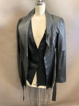 Womens, Leather Jacket, ELIE TAHARI, Black, Leather, Linen, Solid, B32-34, XS, Inner Layer of Linen with Snaps, Multiple Textures Cut Into Leather. Belted, Shawl Collar,