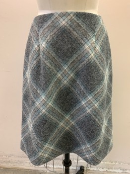 BROOKS BROTHERS, Gray, White, Sky Blue, Wool, Rayon, Plaid, Zip Side