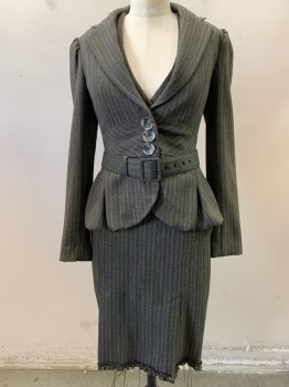 TOM NGUYEN, Brown, Olive Green, Blue, Silver, Polyester, Wool, Stripes - Vertical , with Matching Belt. Notched Lapel, Single Breasted, Button Front, Snap Front, Faux Buttons