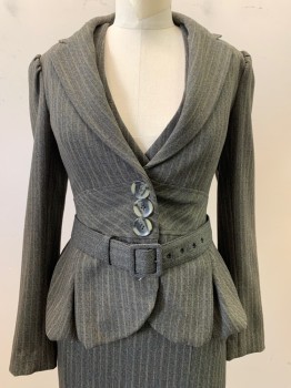 Womens, Suit, Jacket, TOM NGUYEN, Brown, Olive Green, Blue, Silver, Polyester, Wool, Stripes - Vertical , 4, with Matching Belt. Notched Lapel, Single Breasted, Button Front, Snap Front, Faux Buttons