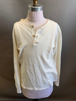 ZARA, Cream, Cotton, Solid, Henley, 2 Buttons, Crew Neck, Long Sleeves, *Aged/Distressed*