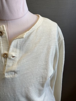 ZARA, Cream, Cotton, Solid, Henley, 2 Buttons, Crew Neck, Long Sleeves, *Aged/Distressed*