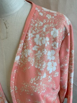 Womens, 1970s Vintage, Piece 2, JSE CALIFORNIA, Salmon Pink, White, Cream, Polyester, Floral, 3/4 Sleeves, Cardigan, Open Front