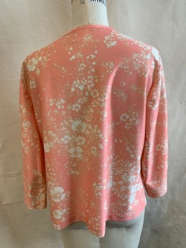 Womens, 1970s Vintage, Piece 2, JSE CALIFORNIA, Salmon Pink, White, Cream, Polyester, Floral, 3/4 Sleeves, Cardigan, Open Front