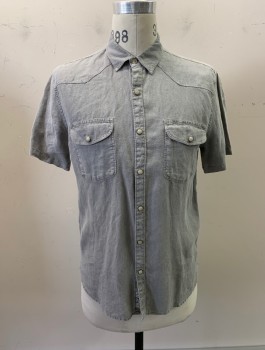 Mens, Western, LUCKY, Gray, Linen, Solid, S, C.A., Button Front, S/S, 2 Pockets