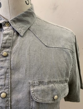 Mens, Western, LUCKY, Gray, Linen, Solid, S, C.A., Button Front, S/S, 2 Pockets