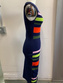 Womens, Dress, Sleeveless, TED BAKER, Navy Blue, Multi-color, Viscose, Polyamide, Stripes - Horizontal , Small, 1, Spandex Fabric, Below Knee, Golden Zipper at Center Back, Fitted Bodycon Dress, Scoop Neckline, Horizontal Ribbed Detail