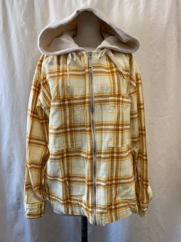 URBAN OUTFITTERS, White, Yellow, Lt Brown, Pumpkin Spice Orange, Poly/Cotton, Plaid, Beige Hood with Drawstring Attached, Zip Front, 2 Patch Pockets