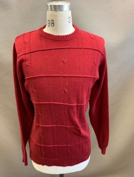 Mens, Sweater, OSCAR DE LA RENTA, Maroon Red, Cotton, Cable Knit, Stripes - Horizontal , M, C N, L/S