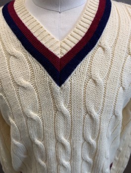 Mens, Sweater, BROOKS BROTHERS, Cream, Maroon Red, Navy Blue, Wool, Cable Knit, X L, V-N, L /S Cable 2 Color Stripe at Neck & Waistband