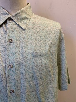 NAT NAST, Mint Green, Lime Green, Dk Green, Silk, Cotton, Leaves/Vines , Dots, S/S, Button Front, Collar Attached, Chest Pocket