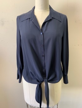 ANTONIO MELANI, Navy Blue, Silk, Solid, Chiffon, Long Sleeves, Button Front, V-neck, Collar Attached, Self Ties/Tails at Front Waist Hem