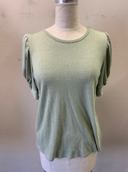 BABEAU, Lt Olive Grn, Polyester, Rayon, Solid, Short Sleeves, Crew Neck, Puff Sleeve, Gathered Knot at Cuff, Knit