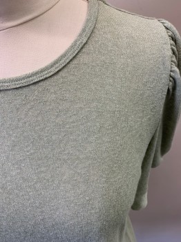 BABEAU, Lt Olive Grn, Polyester, Rayon, Solid, Short Sleeves, Crew Neck, Puff Sleeve, Gathered Knot at Cuff, Knit