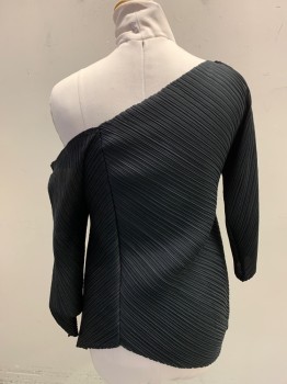 Womens, Sci-Fi/Fantasy Shirt, NL, Black, Polyester, Solid, B36, Bateau/Boat Neck, Off the Shoulder, Off Center Back Seam, 3/4 Sleeves, Deep Chemical Pleating, Wrap Illusion, Raw Edge Neckline, Curved Hem