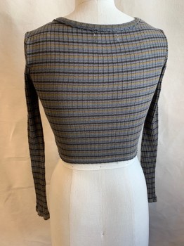 URBAN OUTFITTERS, Dk Brown, Dk Gray, Lt Brown, Cotton, Polyester, Stripes, Scoop Neck, Button Front, Long Sleeves