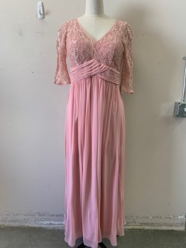 Womens, Evening Gown, CINDY, Dusty Rose Pink, Polyester, Floral, Solid, W34, B40, XL, V-neck, 1/2 Sleeve Sheer Lace and Sequin Bodice Over Spaghetti Strap Sweetheart Camisole, Pleated Chiffon Cummerbund Waistband, Gather Chiffon Floor Length Skirt, Zip Back,