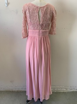 Womens, Evening Gown, CINDY, Dusty Rose Pink, Polyester, Floral, Solid, W34, B40, XL, V-neck, 1/2 Sleeve Sheer Lace and Sequin Bodice Over Spaghetti Strap Sweetheart Camisole, Pleated Chiffon Cummerbund Waistband, Gather Chiffon Floor Length Skirt, Zip Back,