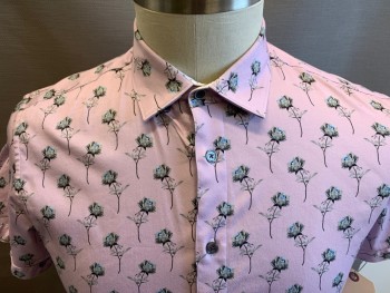 TED BAKER, Lavender Purple, Black, Gray, Aqua Blue, Blue, Cotton, Spandex, Floral, Short Sleeves, Button Front, Collar Attached, Fitted, Hidden Button Down Collar