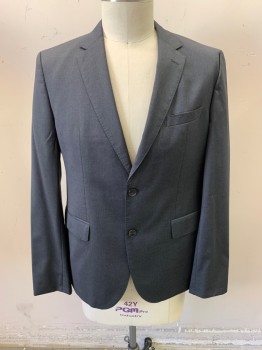 HUGO BOSS , Dk Gray, Wool, Viscose, Solid, Notched Lapel, Single Breasted, Button Front, 2 Buttons, 3 Pockets