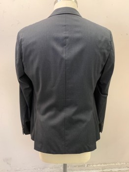 HUGO BOSS , Dk Gray, Wool, Viscose, Solid, Notched Lapel, Single Breasted, Button Front, 2 Buttons, 3 Pockets