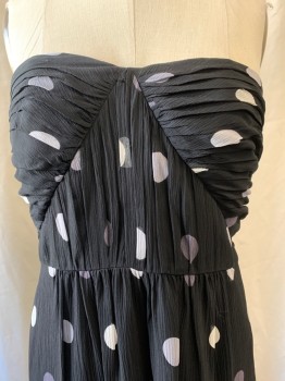 Womens, Evening Gown, B.R., Black, White, Gray, Silk, Acetate, Polka Dots, 6, Strapless, Horizontal Pleats on Bust, Vertical Pleats on the Rest of the Bodice, Sheath, Zip Back