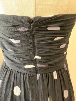 Womens, Evening Gown, B.R., Black, White, Gray, Silk, Acetate, Polka Dots, 6, Strapless, Horizontal Pleats on Bust, Vertical Pleats on the Rest of the Bodice, Sheath, Zip Back