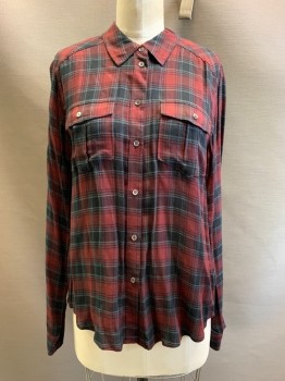 PAIGE, Black, Dk Red, Steel Blue, Viscose, Plaid, L/S, Button Front, Collar Attached, Pocket Chests