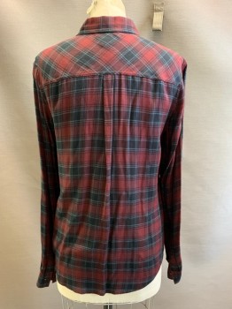 PAIGE, Black, Dk Red, Steel Blue, Viscose, Plaid, L/S, Button Front, Collar Attached, Pocket Chests