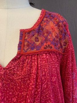 LUCKY BRAND, Raspberry Pink, Multi-color, Cotton, Viscose, Floral, V-N, L/S, Pink And Orange Geo/Floral Embroidery,