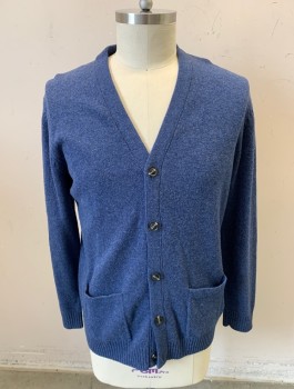 M&S COLLECTION, Dk Blue, Wool, Heathered, L/S, Button Front, Black and Marble Plastic Buttons, Patch Pockets, Rib Knit Cuffs and Collars