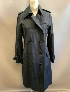 Womens, Coat, Trenchcoat, BURBERRY, Black, Poly/Cotton, Solid, Sz.6, Double Breasted, Collar Attached, Epaulettes at Shoulders, 2 Pockets, Belt Loops, Beige Burberry Plaid Lining, **Has No Belt