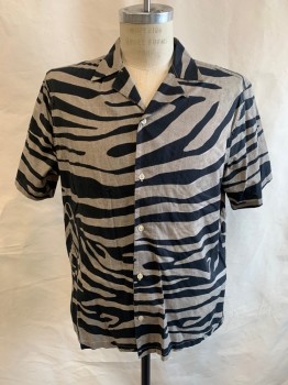 ALL SAINTS, Black, Olive Green, Cotton, Animal Print, Faded, S/S, Button Front, Relaxed Fit, Zebra Print