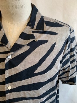 ALL SAINTS, Black, Olive Green, Cotton, Animal Print, Faded, S/S, Button Front, Relaxed Fit, Zebra Print