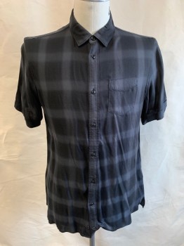 ALL SAINTS, Black, Dk Gray, Lyocell, Check , S/S, Button Front, Chest Pocket, Cuffed Sleeves