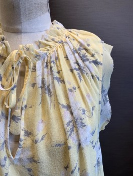 REBECCA TAYLOR, Lt Yellow, Silk, Polyester, Floral, V-N, Ruffle Neck, Slvls, Ties at Neck, White and Dark Gray Floral Print