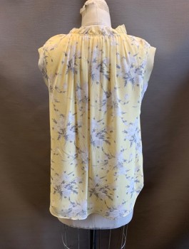 REBECCA TAYLOR, Lt Yellow, Silk, Polyester, Floral, V-N, Ruffle Neck, Slvls, Ties at Neck, White and Dark Gray Floral Print