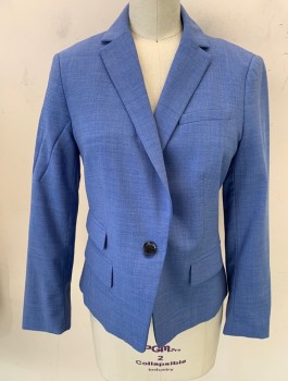 BANANA REPUBLIC, French Blue, Wool, Spandex, Solid, Single Breasted, 1 Button, Notched Lapel, 4 Pockets, Fitted, Striped Lining