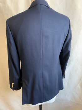VINEYARD VINES, Navy Blue, Wool, Spandex, Solid, Single Breasted, 2 Buttons,  3 Pockets, Notched Lapel, Double Vent, Gold Anchor Buttons