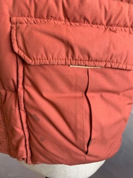 Mens, Vest, SEARS OUTERWEAR, Rust Orange, Sage Green, Cotton, Nylon, Solid, L, Down Puffer, Zip/Snap Front, 2 Patch Pockets with Flaps, Some Dark Spots N Left Bottom Pocket, and Left Back, Paint Spot Right Front Panel