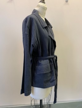 CASLON, Charcoal Gray, Cotton, Solid, L/S, Open Front, Collar Attached, Top Pockets, With Waist belt