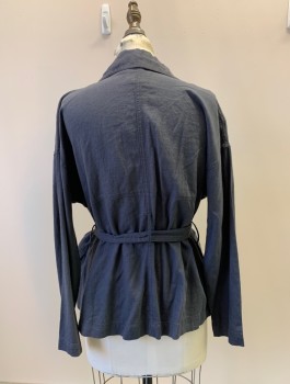 CASLON, Charcoal Gray, Cotton, Solid, L/S, Open Front, Collar Attached, Top Pockets, With Waist belt