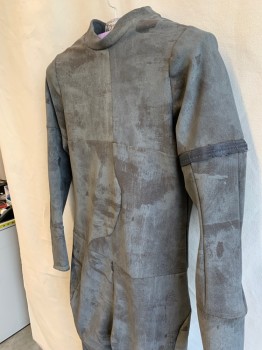 Mens, Jumpsuit, MTO, Gray, Black, Spandex, Plastic, Mottled, G 68, C 40, Back Zip, Inviable Front Fly Zipper, Rough Junker Look, Irregular Seaming, Rings of Horse Hair at Inner Biceps/forearms/thighs and Calves Create Lumpy Silhouette